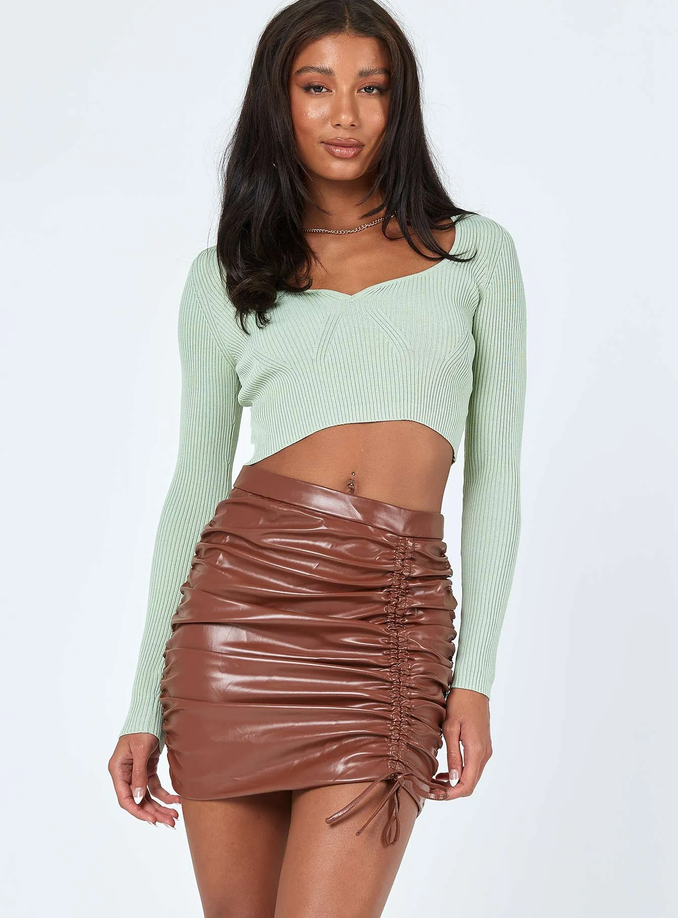 Playful Vibe Cool Touch Davis Ruched PU Mini Skirt Brown