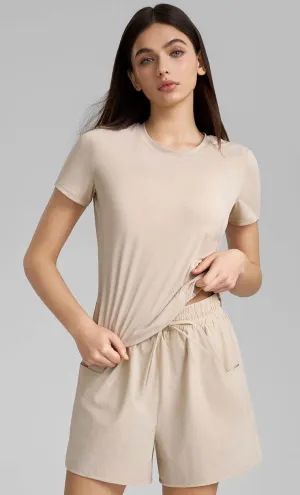 Solid Color Short Sleeve Sports T-Shirt FlatlockSeaming Activewear Clothing