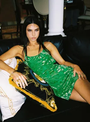 Quick Look Fold-Over-Detail Burn Out Velvet Mini Dress Green