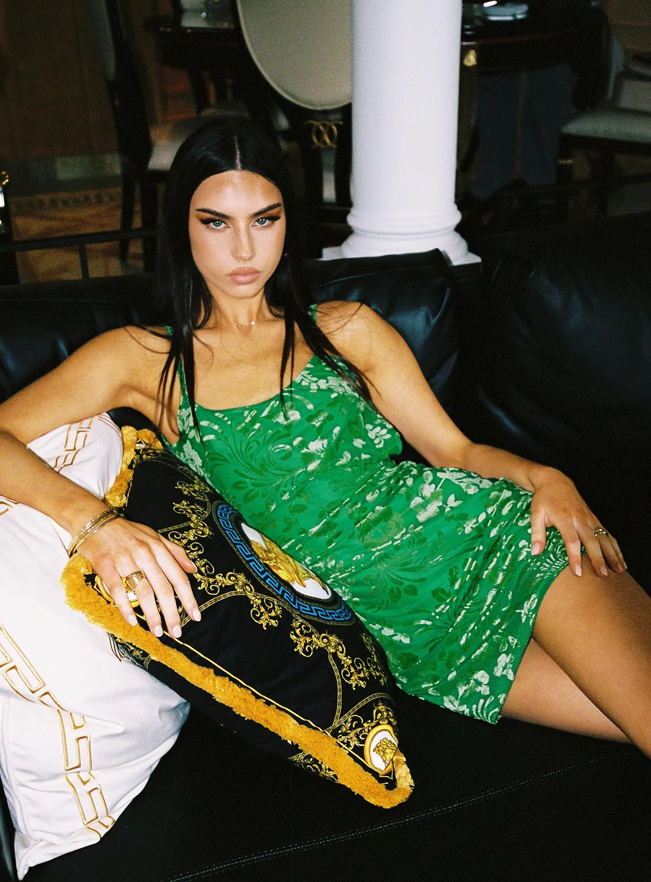 Quick Look Fold-Over-Detail Burn Out Velvet Mini Dress Green