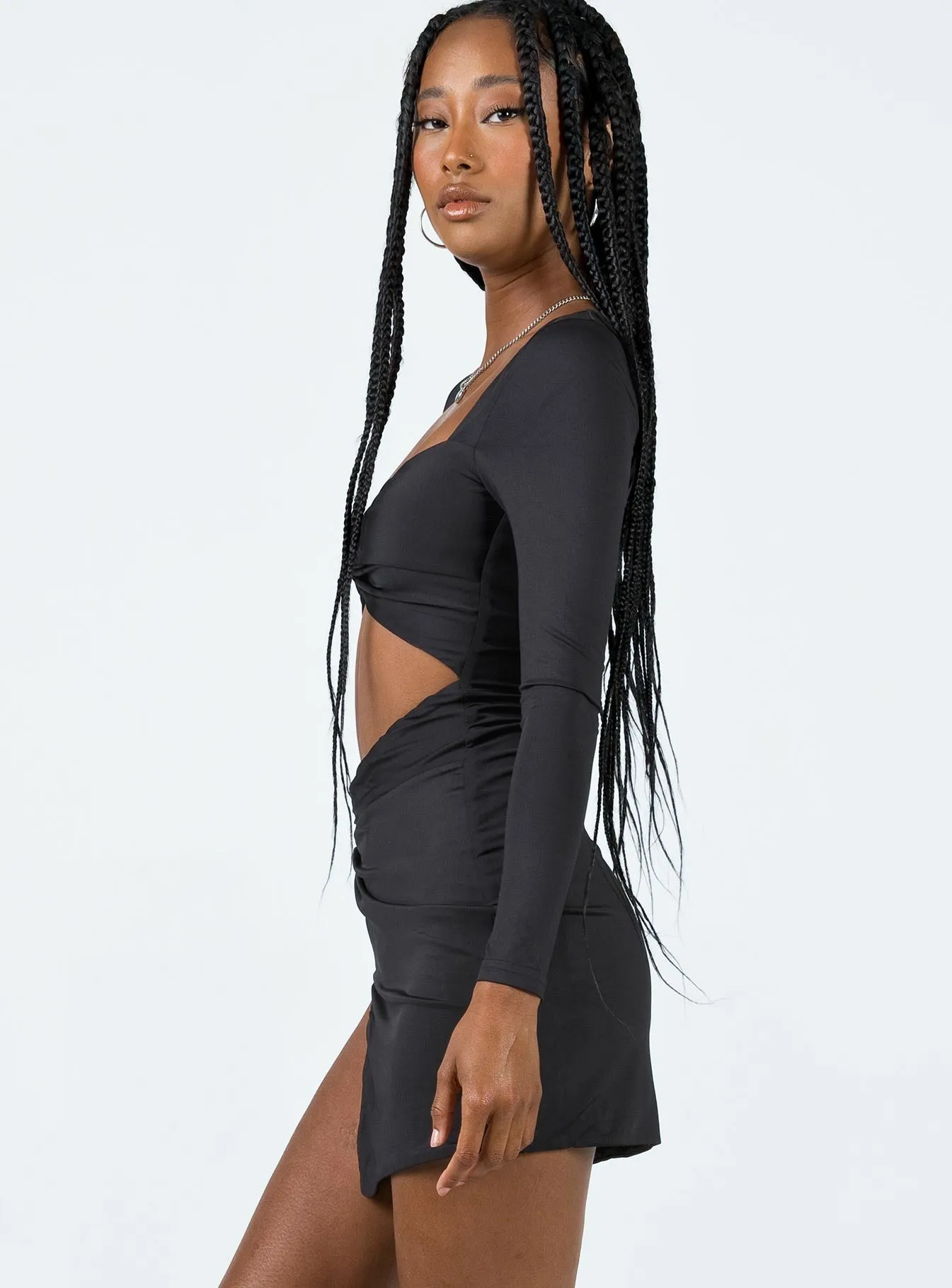 Mesh-Sleeve Maxam Long Sleeve Mini Dress Black