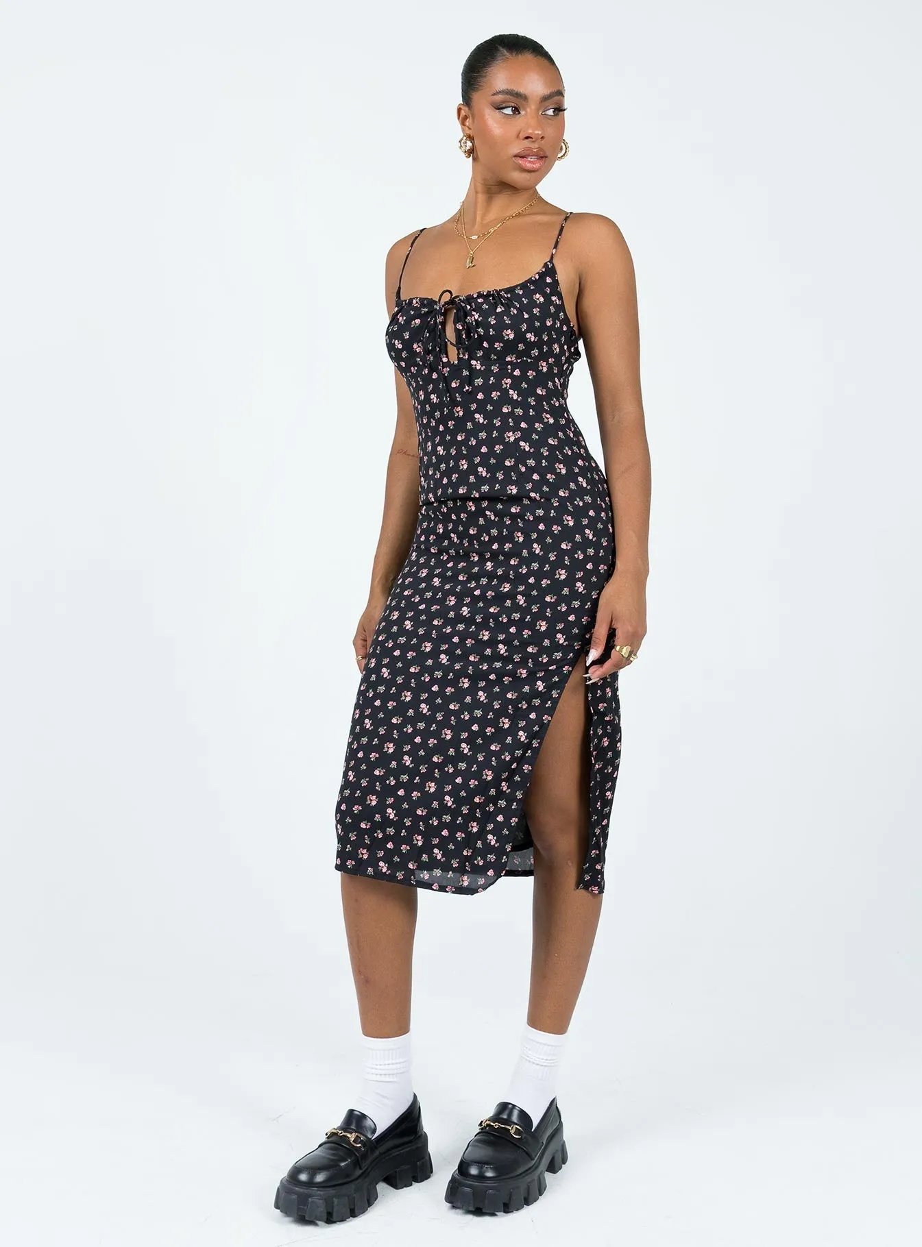 Noda Midi Dress Black / Floral Minimalist Fit Wide Hemline
