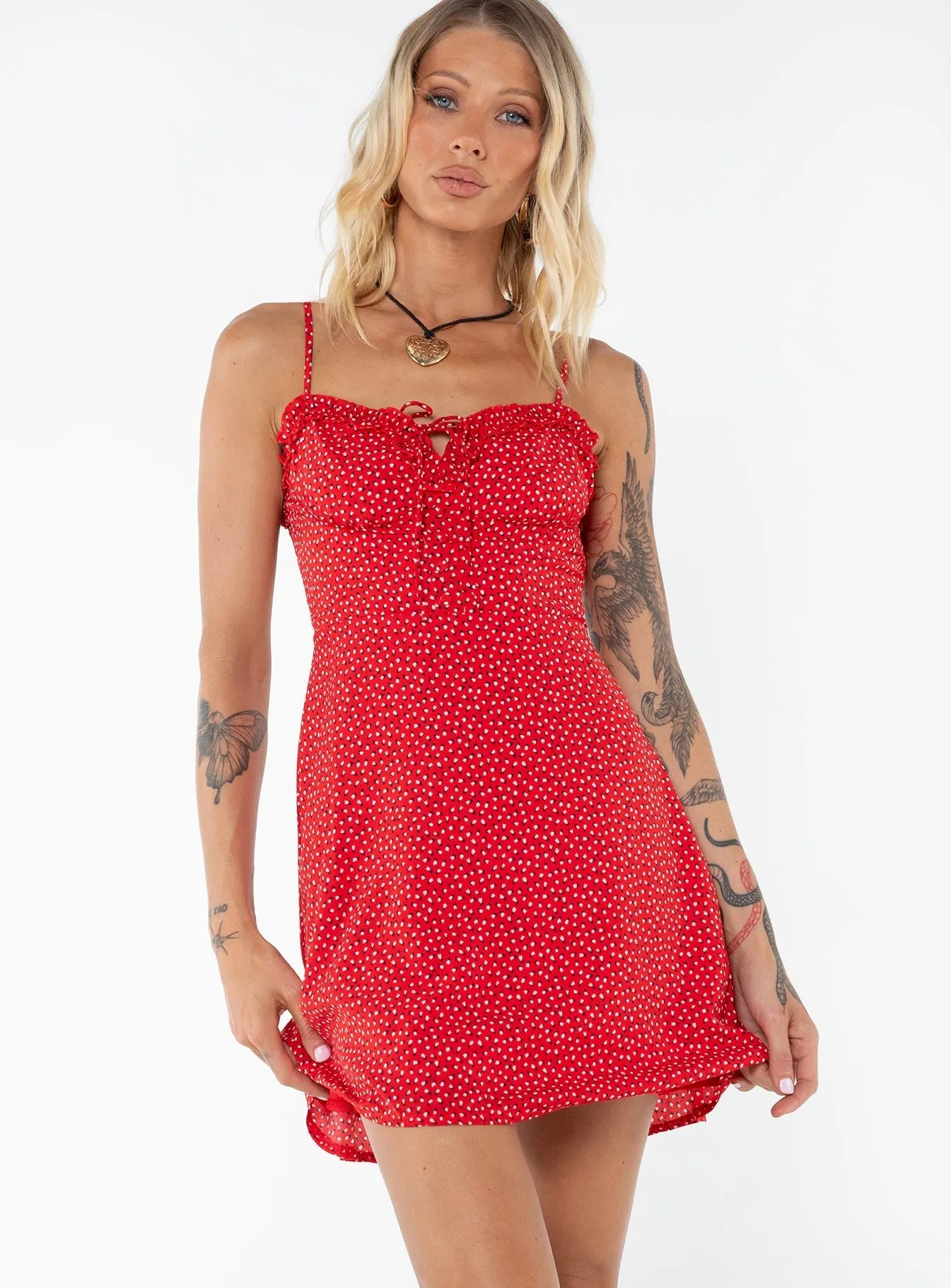 Edgy Look Side-Pocket Love Birds Mini Dress Red Tall
