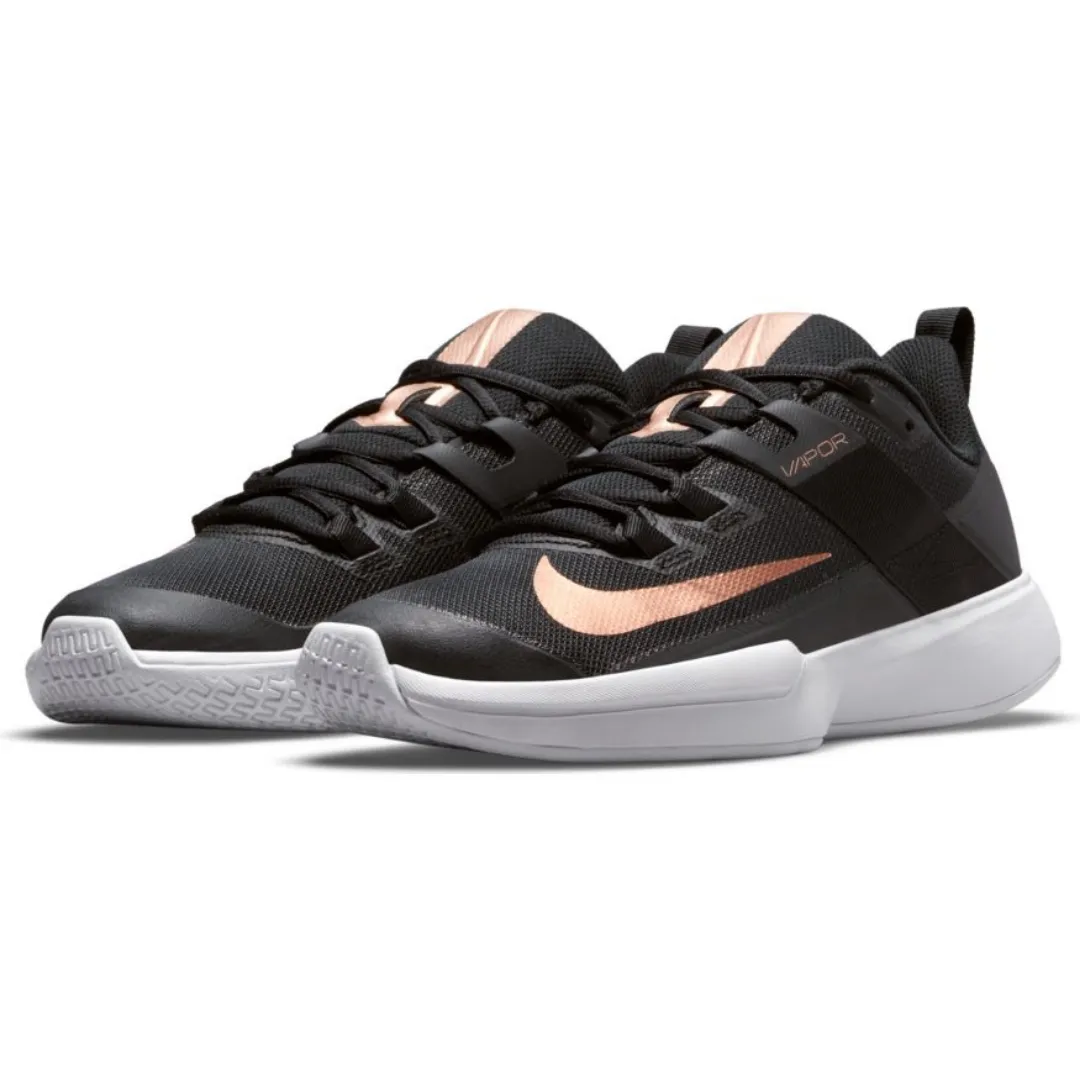 Nike Womens Court Vapor Lite Tennis Shoes - Black/Metallic Red Bronze-White Airflow channels Impact Absorb