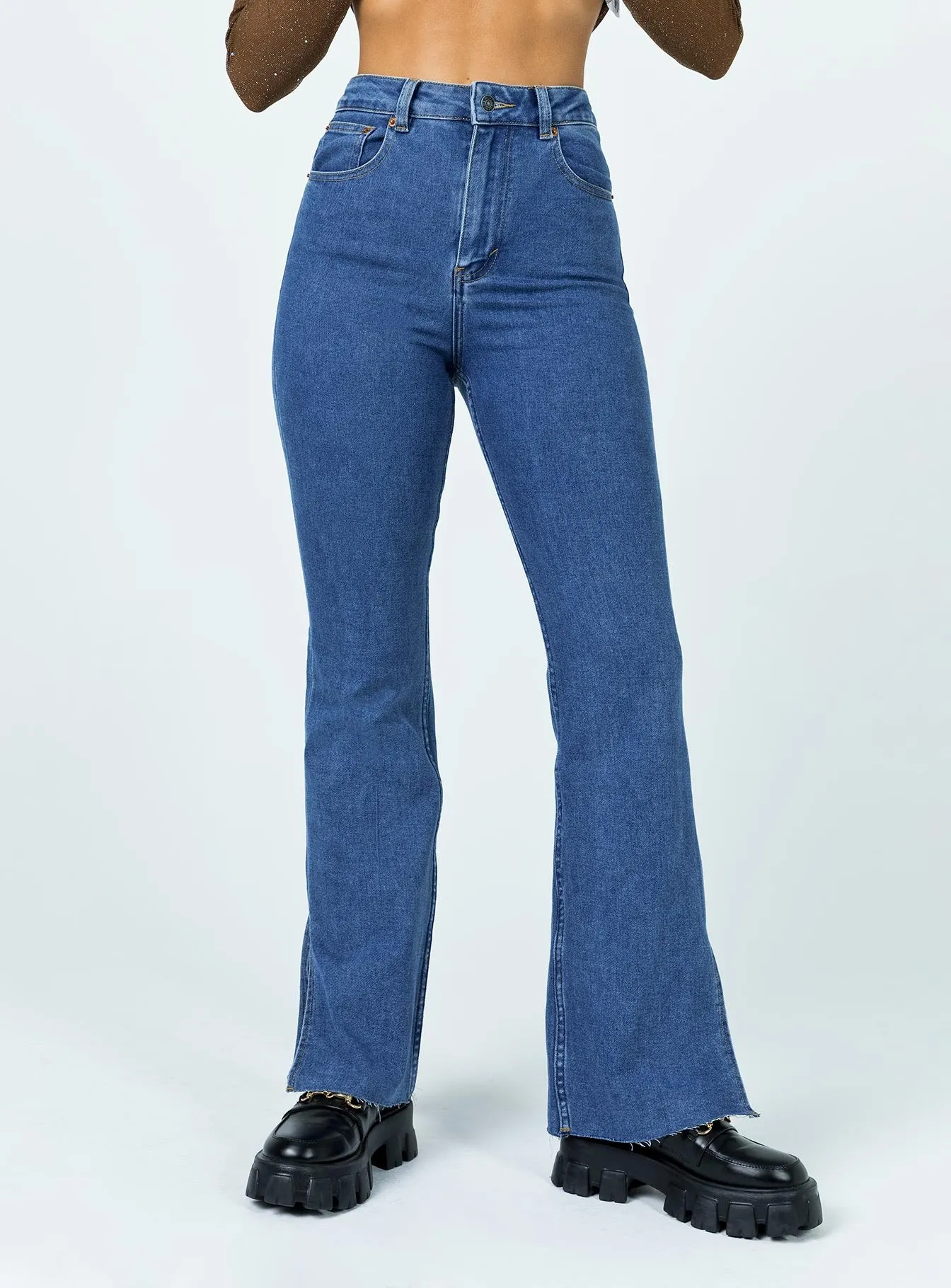 Royal Charm Outdoor Footwear Motel Split Bootleg Jeans Mid Wash