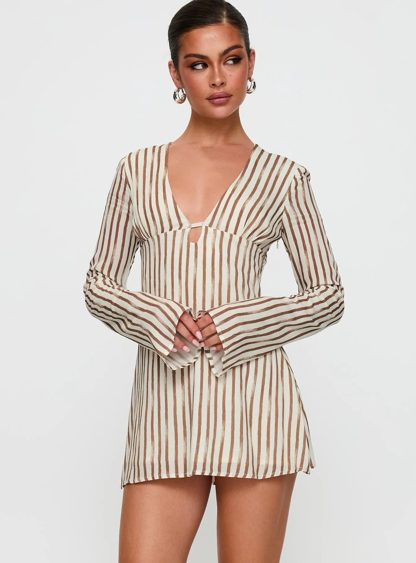 The Good Life Mini Dress Brown / White Stripe Weekend Fresh Asymmetric-Neck