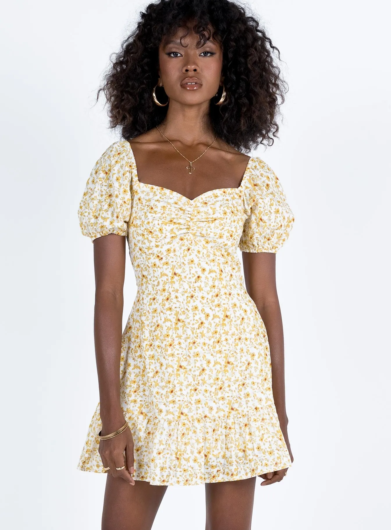 Flattering and Effortless Pure Fit Kaori Mini Dress Yellow Floral