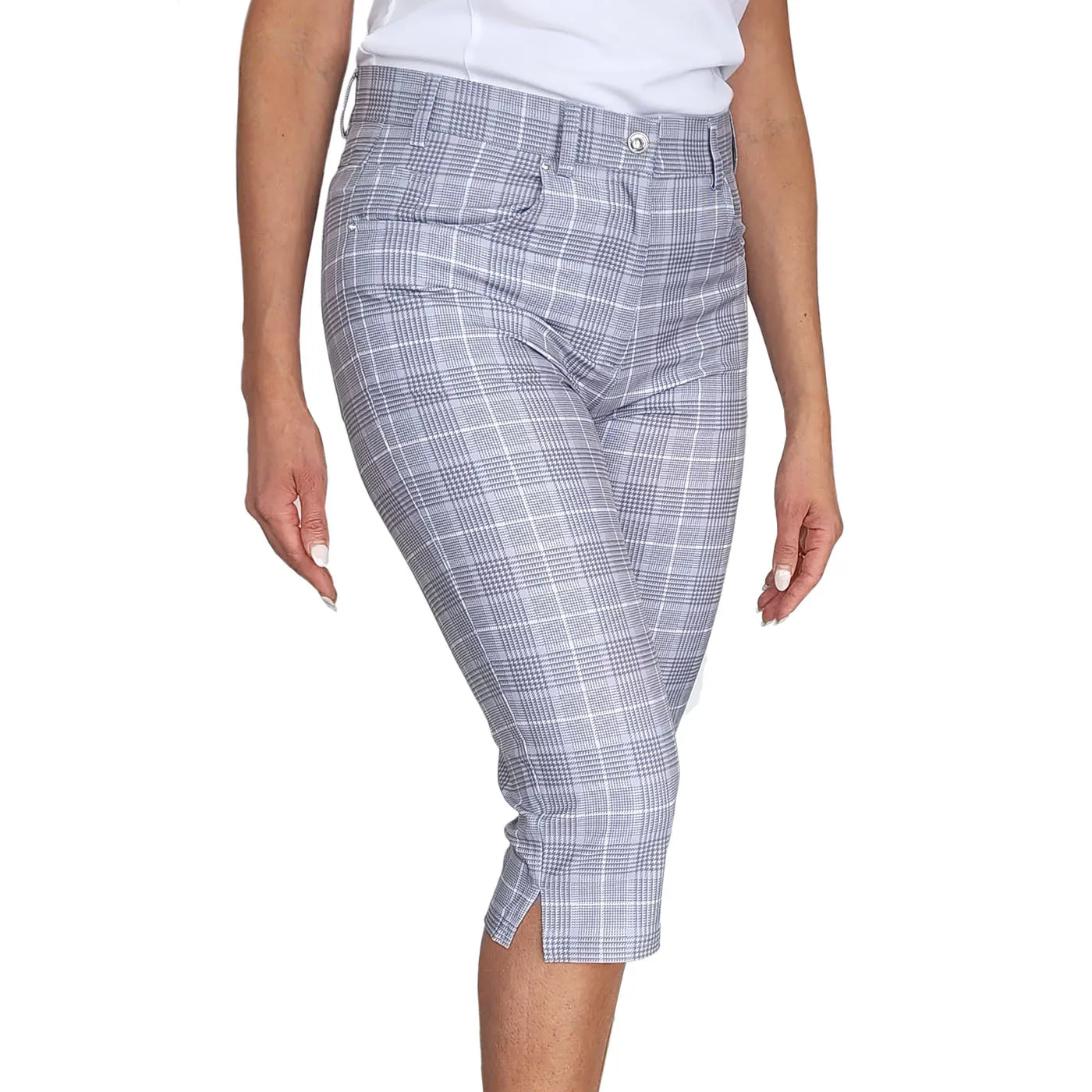 Comfy Motion Glenmuir Women's Phoebe Lightweight Stretch Performance Golf Capri Pants - Light Grey/ White Check
