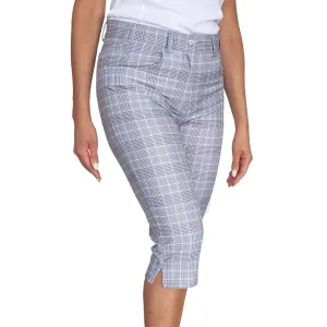 Flexible Ankle Cuffs NonSlipInnerGrip Glenmuir Women's Phoebe Lightweight Stretch Performance Golf Capri Pants - Light Grey/ White Check