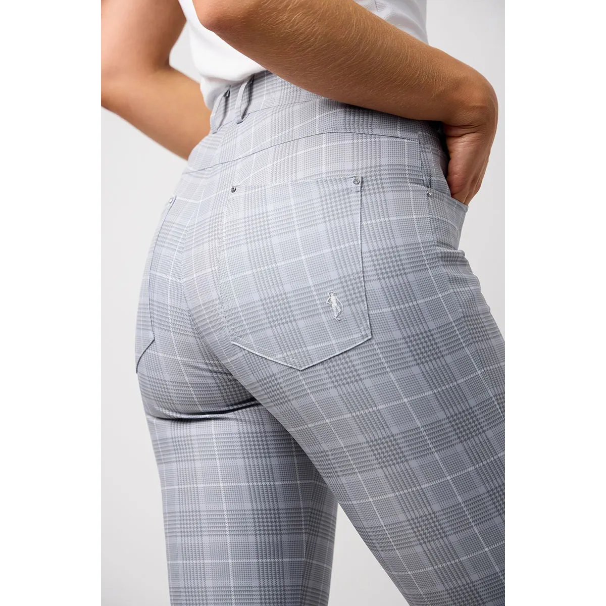 Glenmuir Women's Phoebe Lightweight Stretch Performance Golf Capri Pants - Light Grey/ White Check Rubberized grip Anti Pilling
