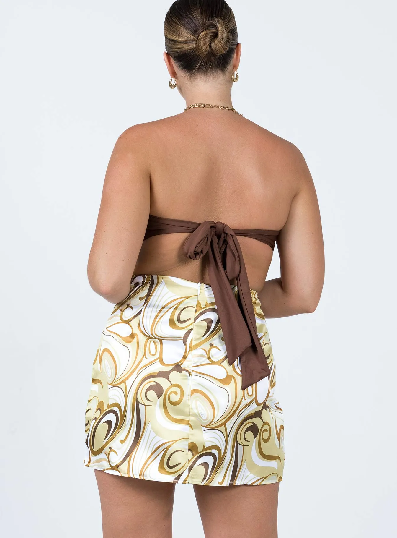 Dillion Mini Skirt Yellow Swirl Asymmetrical Cut Curvy Fit