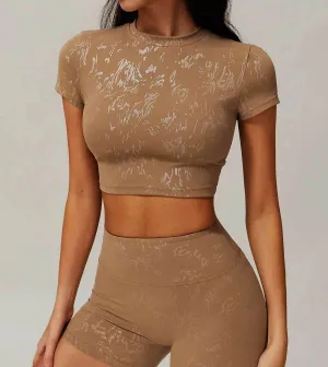 Short Sleeve Yoga Cropped T-Shirt With Gold Blocking Pattern Elegant Tunic MultiPocket System