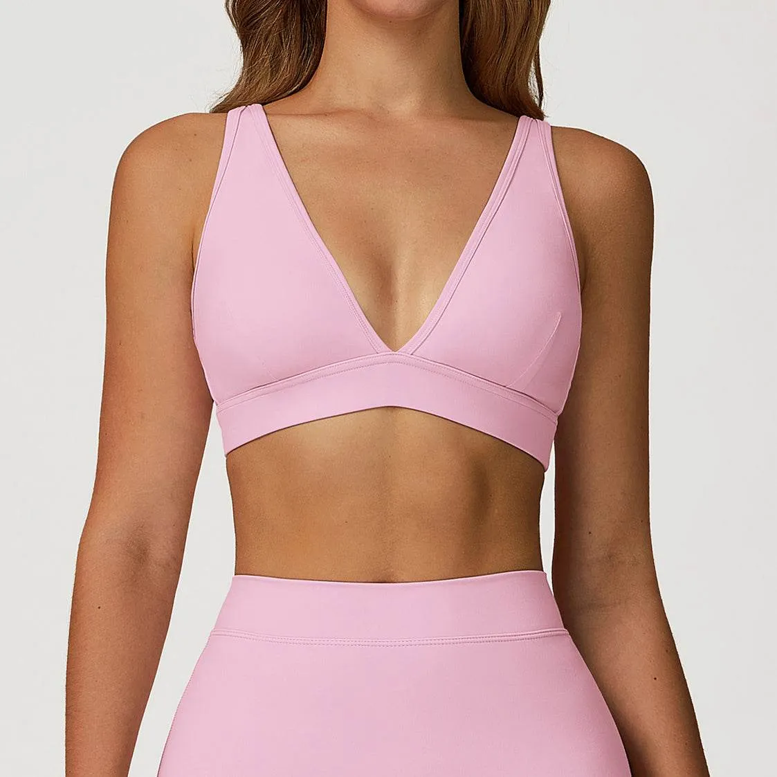 Deep V-Neck Sports Bra with Removable Bra Pad MultiPanelDesign Queen Glow