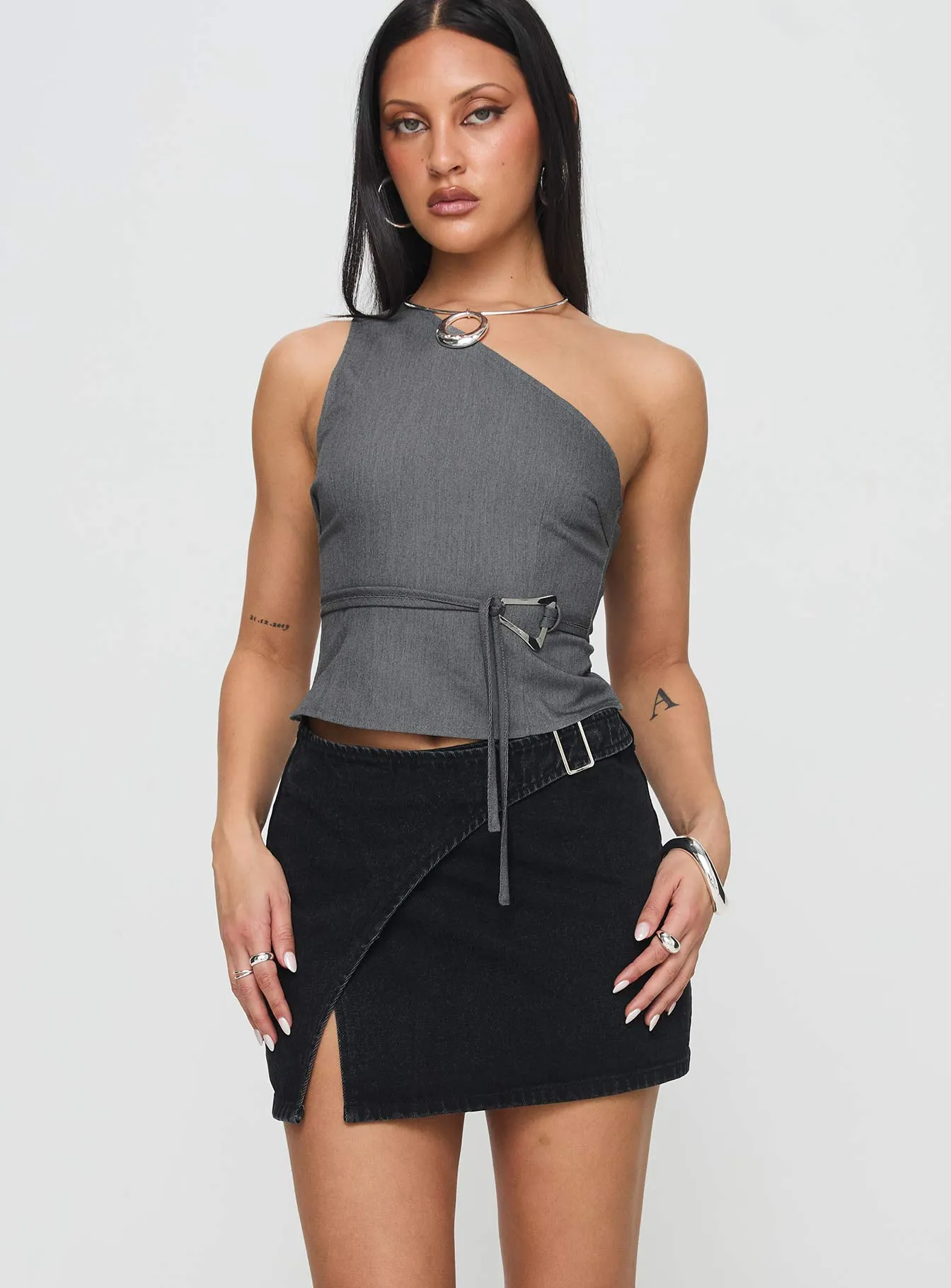 Comfy Fit Street Style Wait Up Denim Wrap Mini Skirt Washed Black