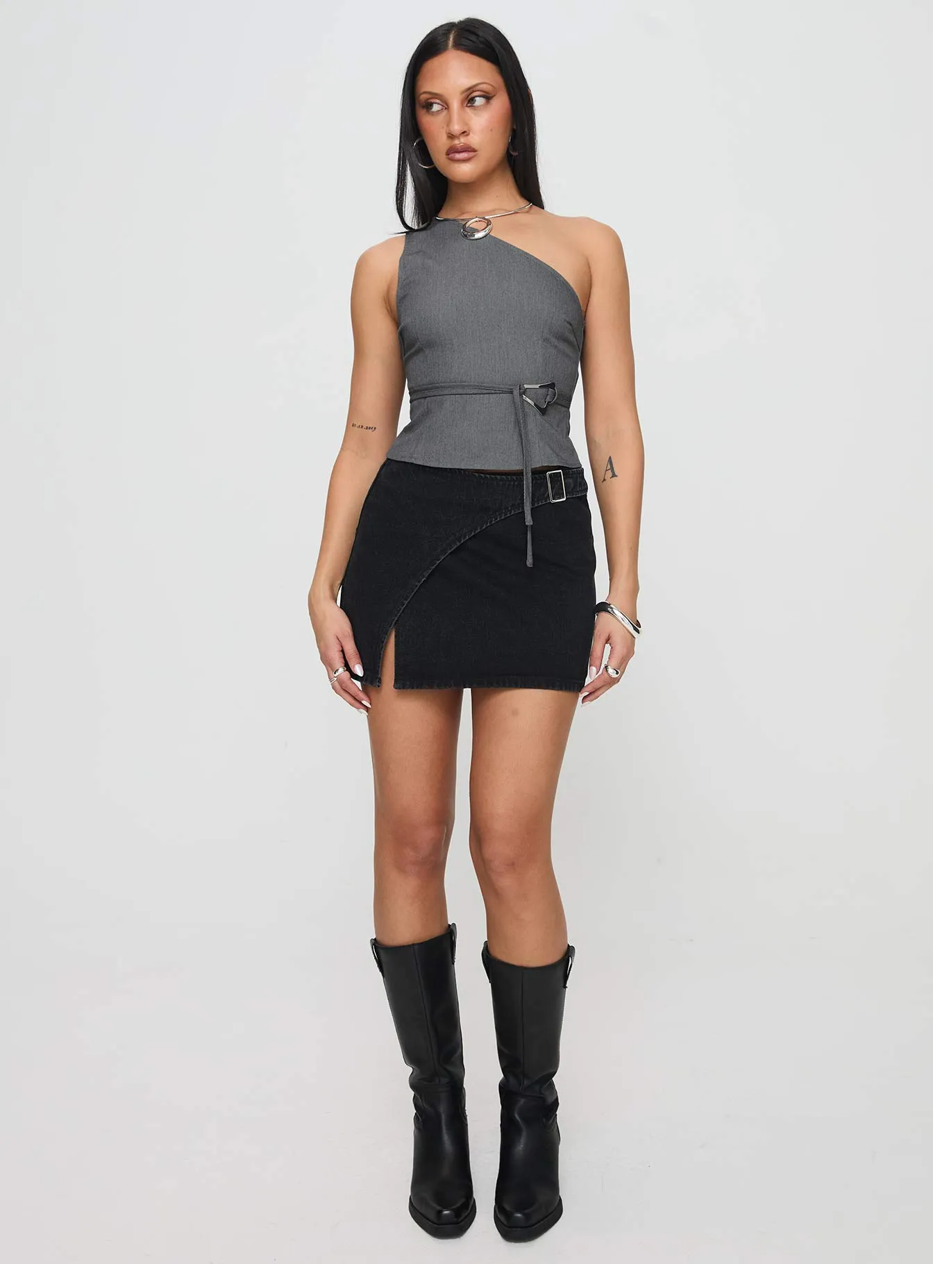 high contrast Wait Up Denim Wrap Mini Skirt Washed Black