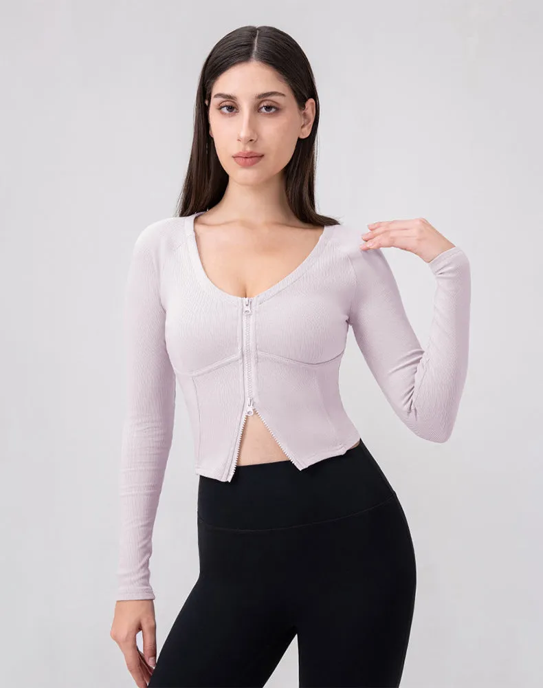 Pearl Tone Zip Up Crop Tops Long Sleeve Casual Sweatshirt