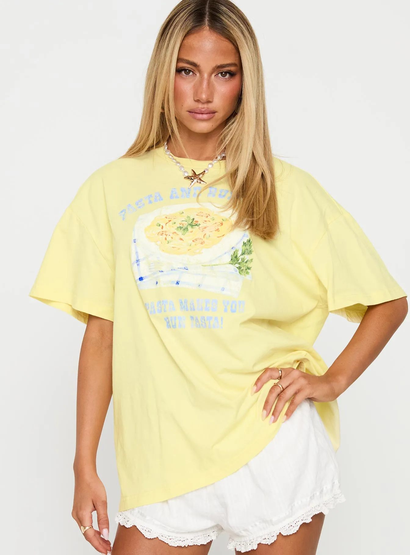 Fresh Style Trend Embroidered Pasta Makes You Fasta Oversized Tee Yellow