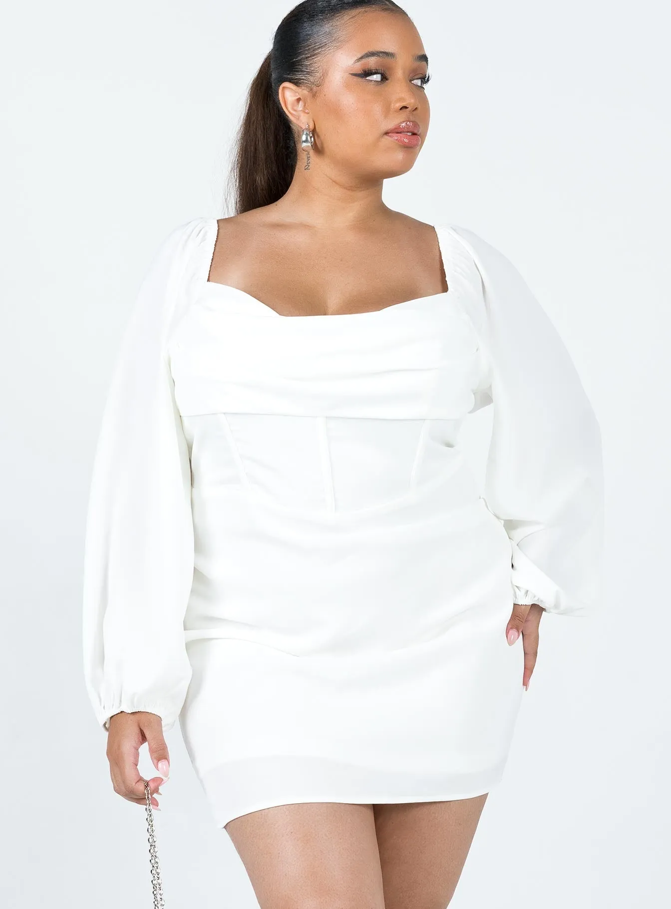 Feminine Line Lillie Long Sleeve Mini Dress White Curve