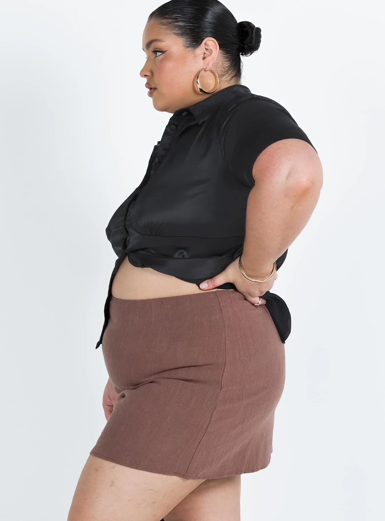 Selby Mini Skirt Brown Curve Sheer Overlay