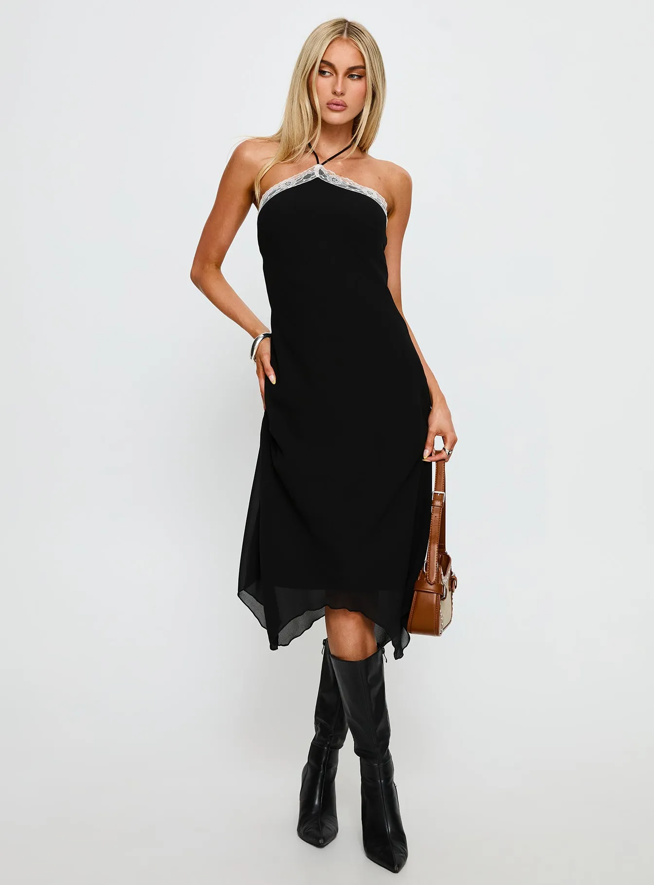One-Shoulder Naila Halter Lace Trim Midi Dress Black