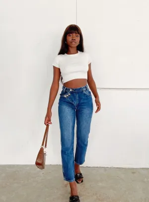 Asymmetric Exposed Button Fly Mid Wash Mom Jeans Summer Glow Recycle Glow