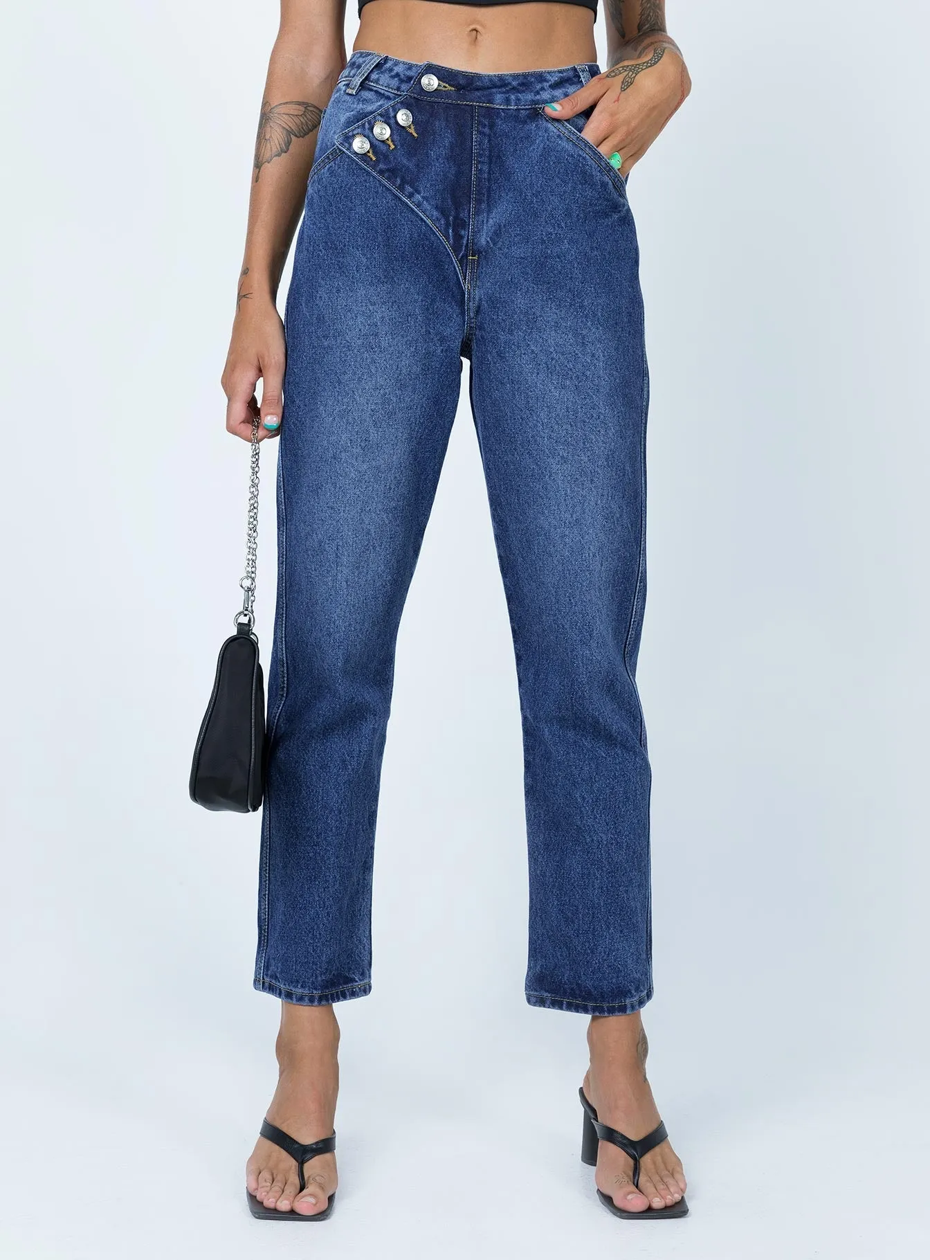 Layer Safe Asymmetric Exposed Button Fly Mid Wash Mom Jeans