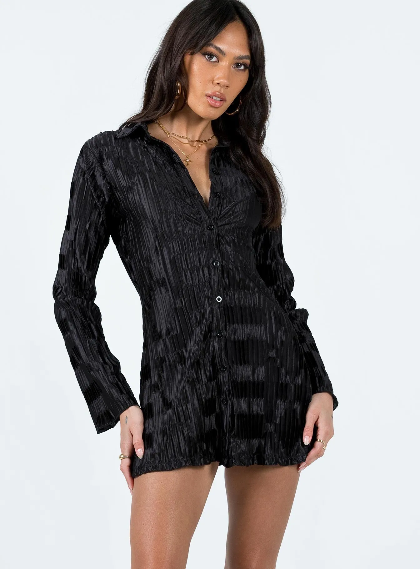 Metallic Finish Subtle Stitch Lila Shirt Dress Black