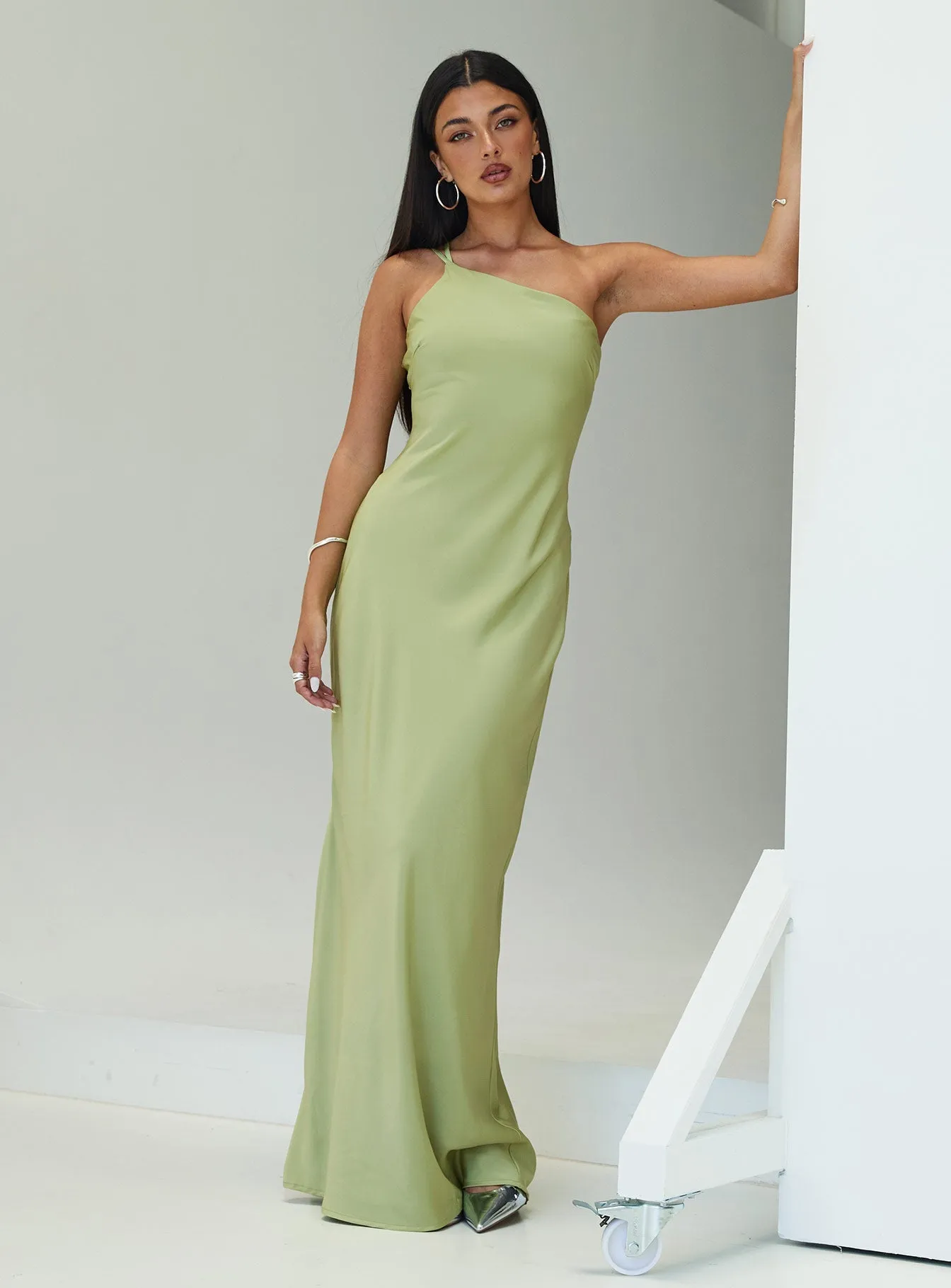 Nehemiah One Shoulder Maxi Dress Green Poised Vibe