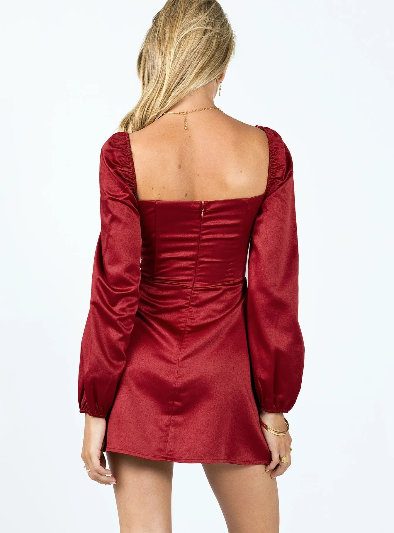 Della Long Sleeve Mini Dress Burgundy Gathered Skirt Refined Simplicity