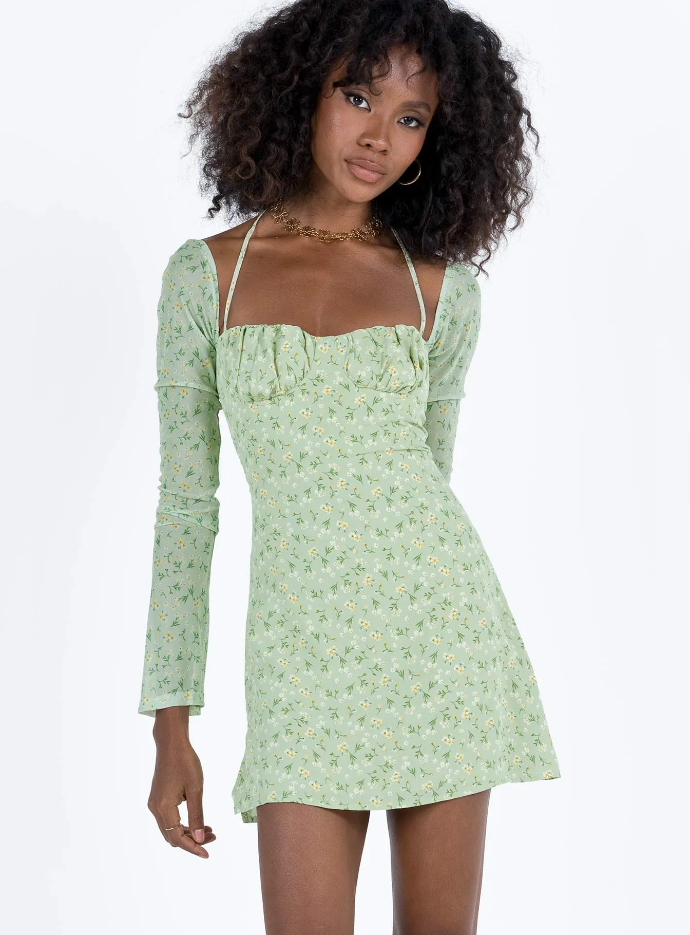 Side-Zip Chilly Weather Layer Dyer Sheer Sleeve Mini Dress Green Floral