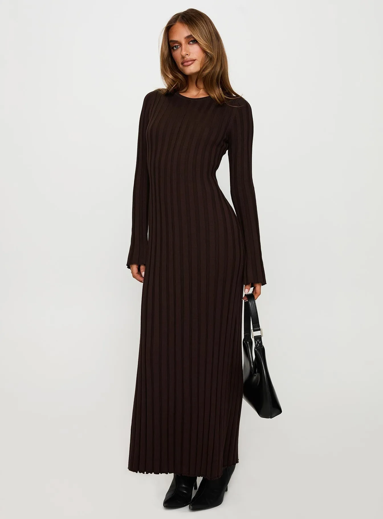Perfectly Crafted Cool Texture Vespa Long Sleeve Maxi Dress Brown