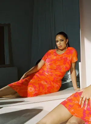 Tonal-Stitching Sophisticated Vibe Stella Midi Dress Orange Multi Curve