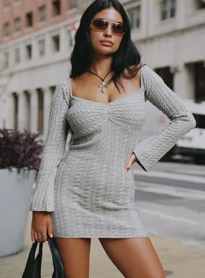 Flower Soft Bayard Off The Shoulder Knit Mini Dress Grey