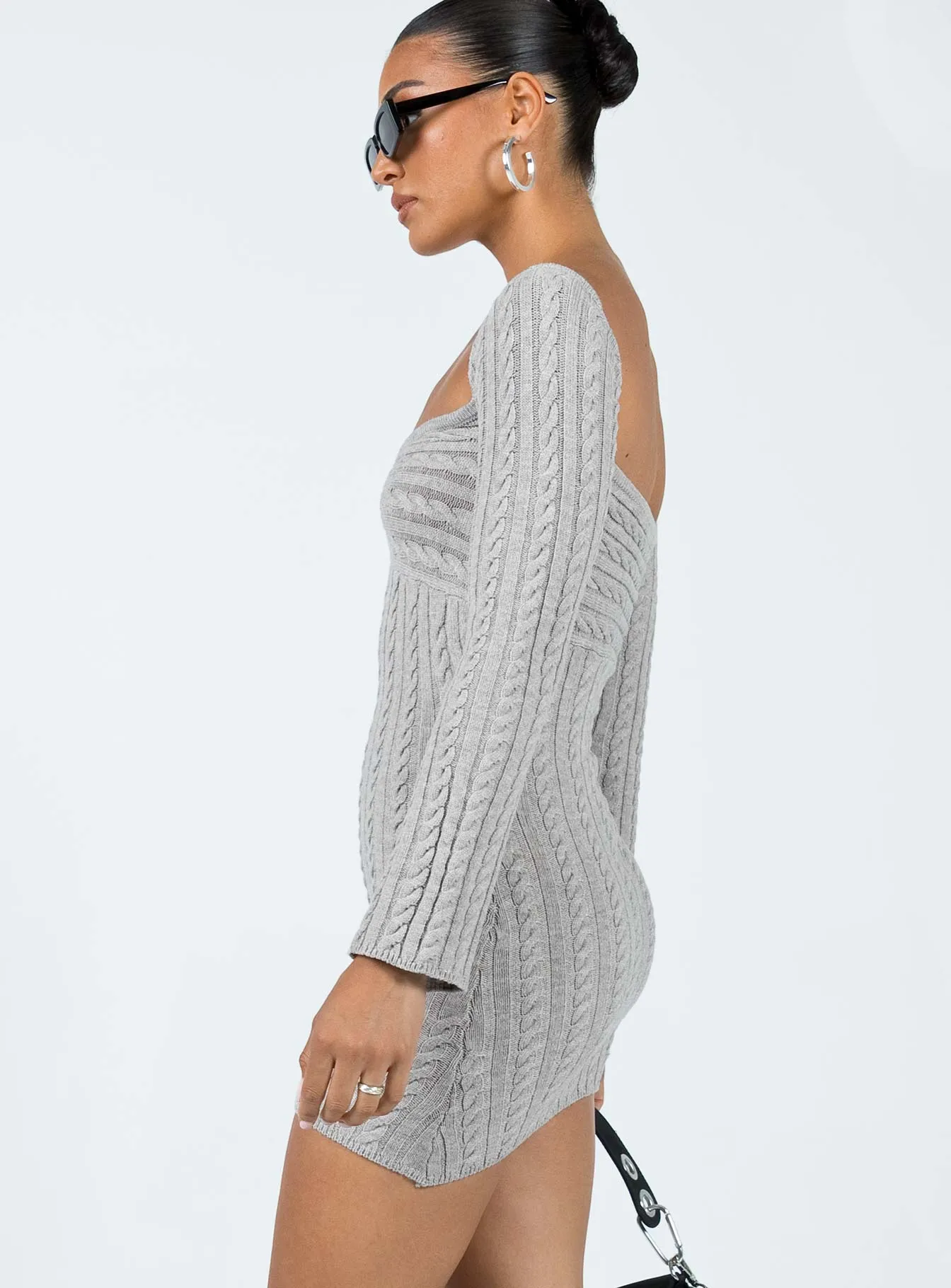 Relaxed Fit Look Bayard Off The Shoulder Knit Mini Dress Grey