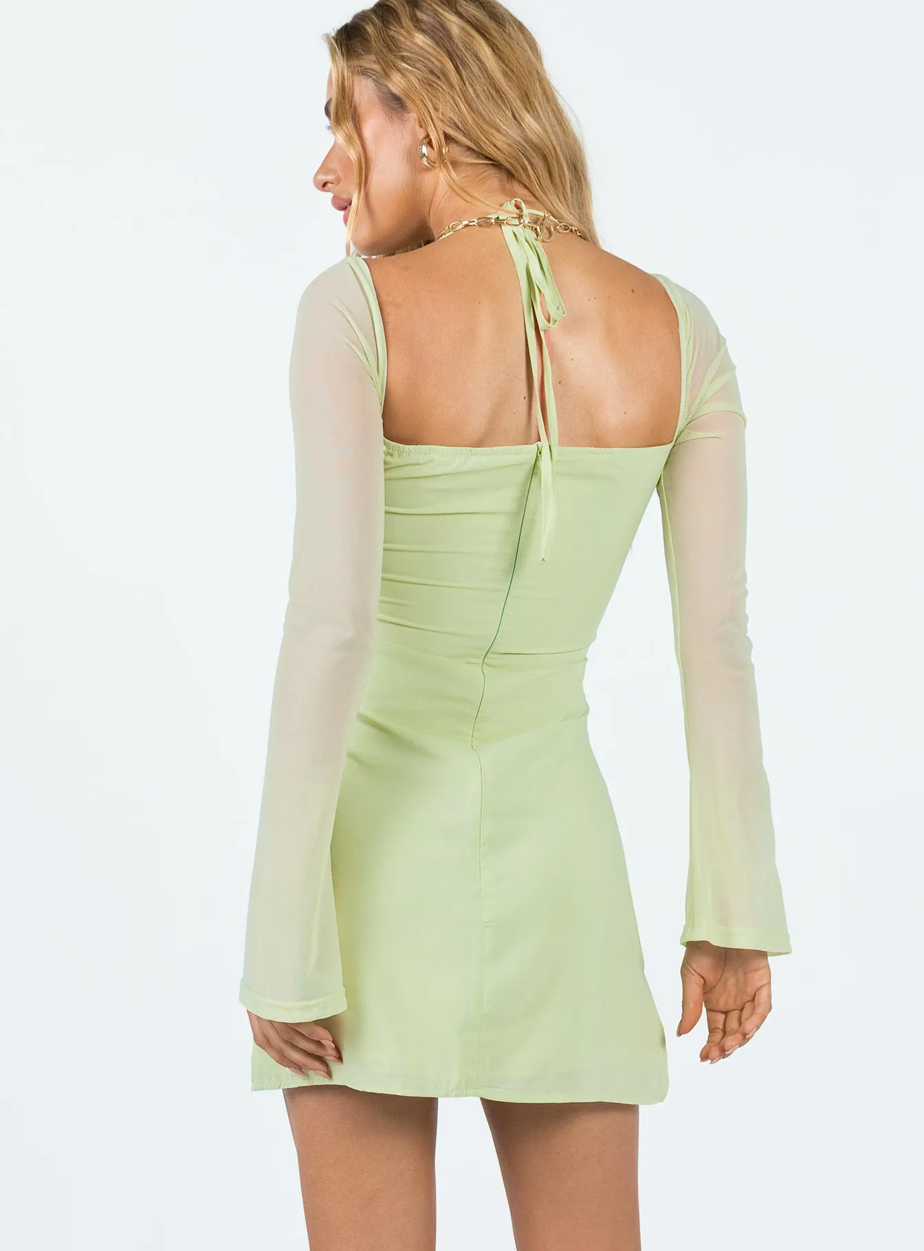 Dyer Sheer Sleeve Mini Dress Sage Comfortable Silhouette Drawstring-Closure