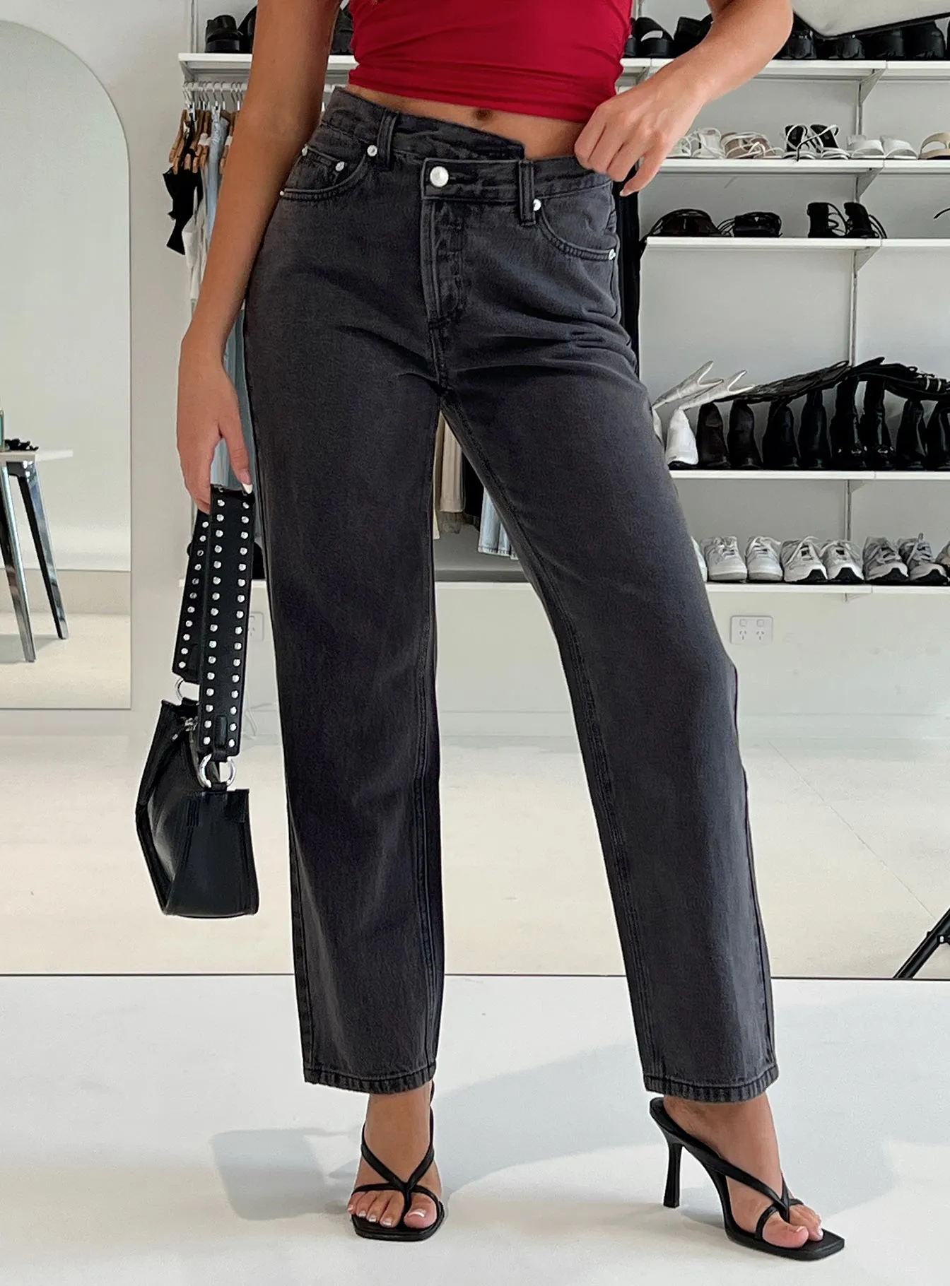 Tight Net Effortless Style Holly Asymmetric Straight Leg Jean Black Denim Petite