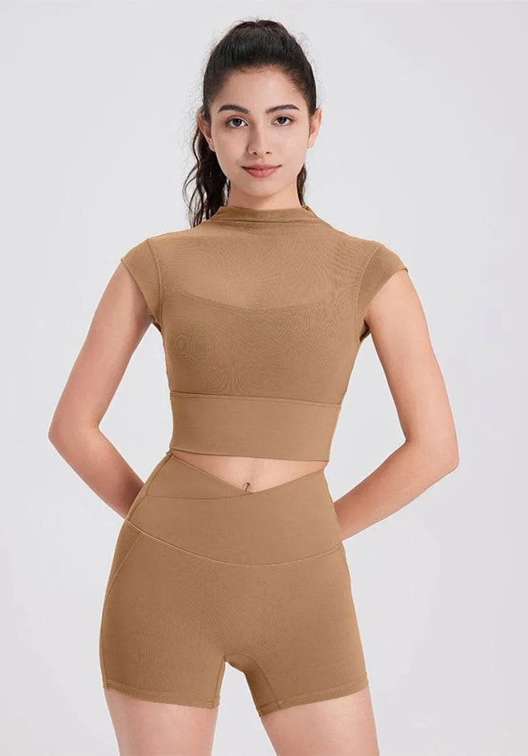 Mesh Yoga Crop T-Shirts with Built-in Chest Pad Casual Vibe
