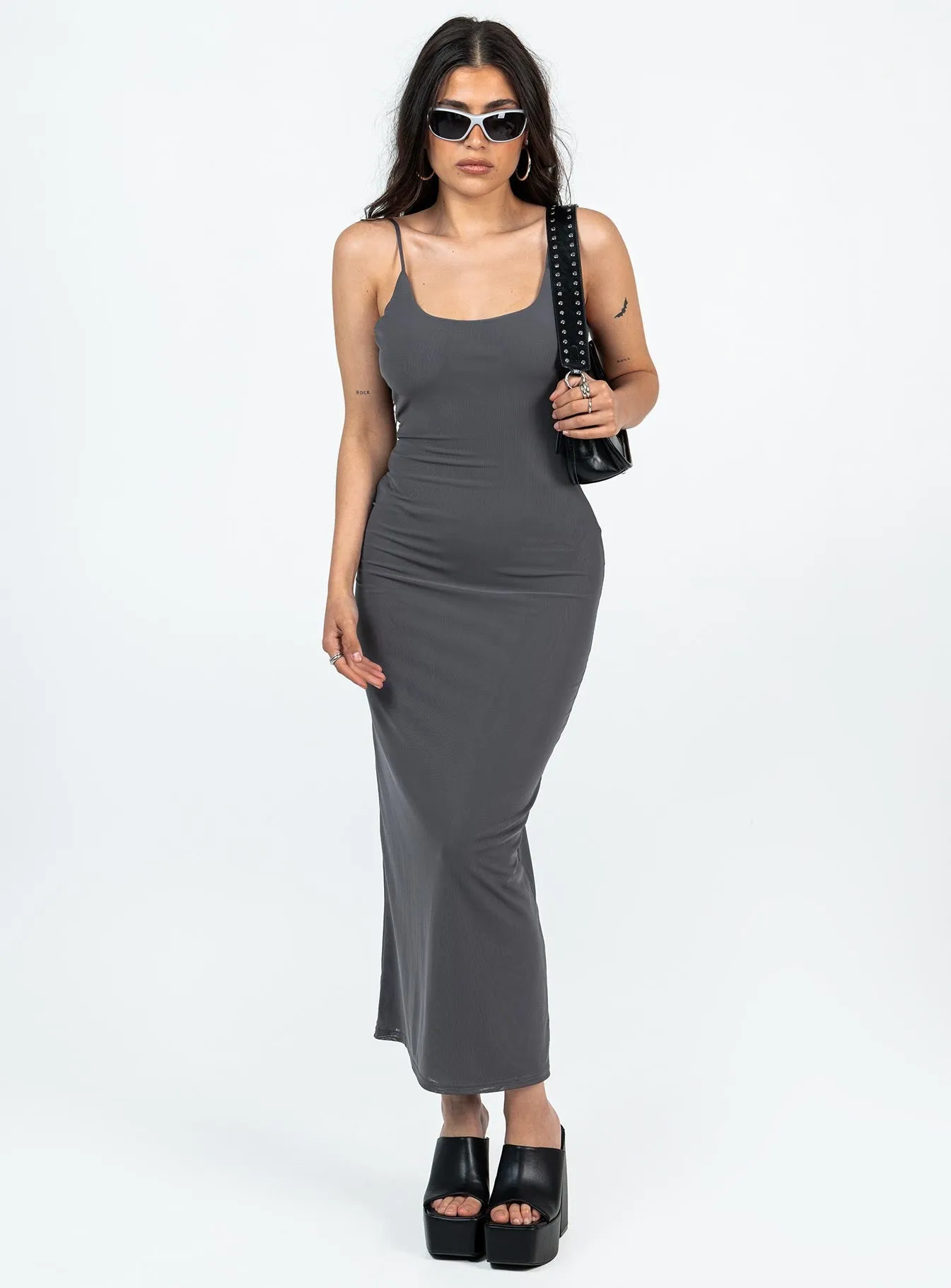 Sophisticated Elegance Playful-Detail Knox Maxi Dress Slate Petite