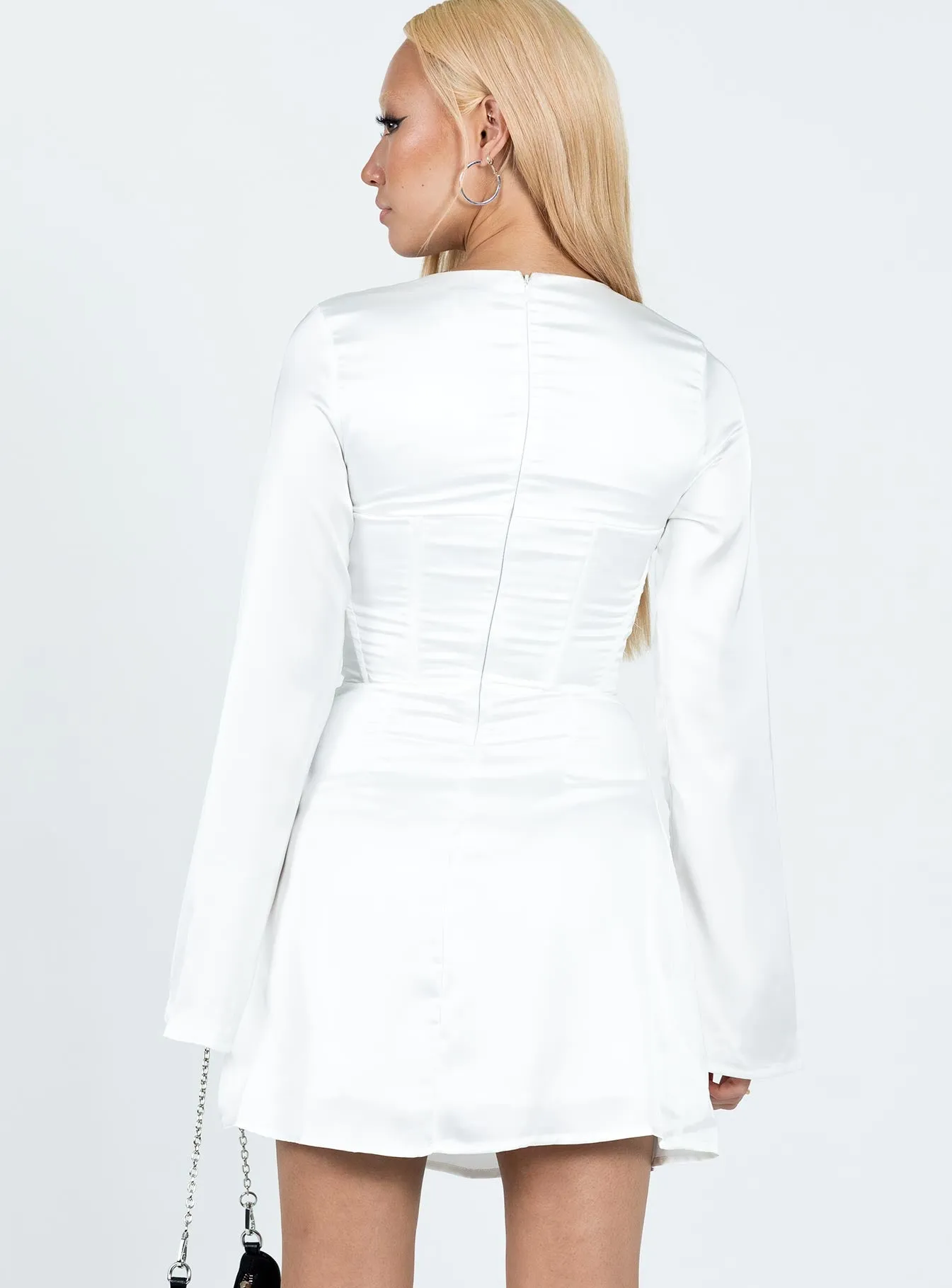 Gael Long Sleeve Mini Dress White Evening Ready Smart Waist Design