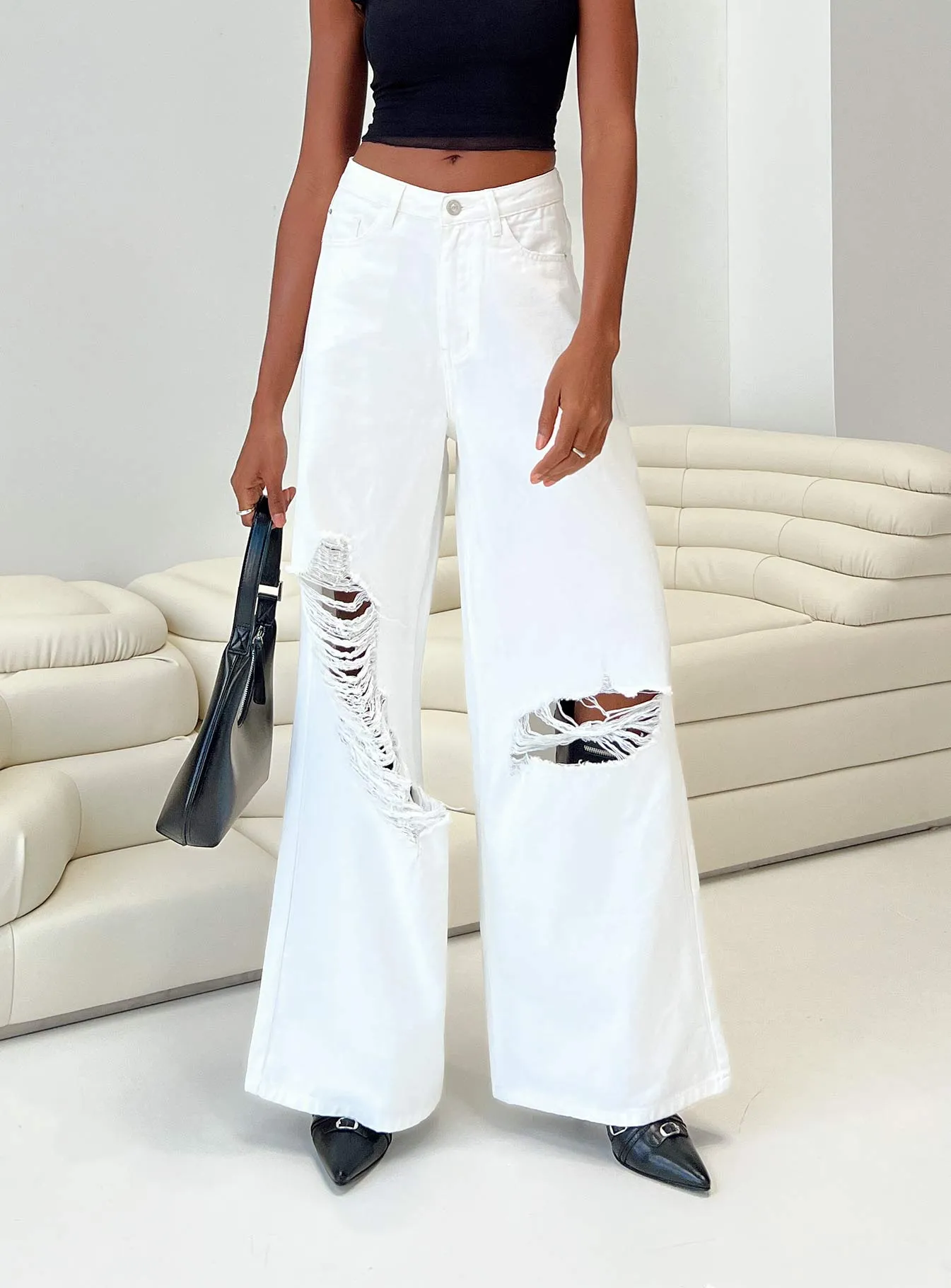 Casual Sweater Chavez Wide Leg Jeans White Denim
