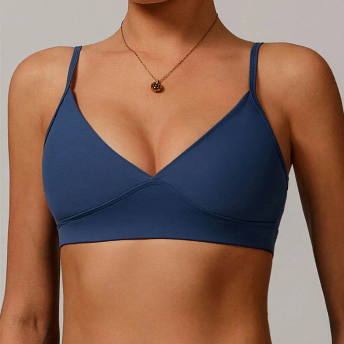 Firm Leather V Neck Sports Bra with Adjustable Spaghetti Straps