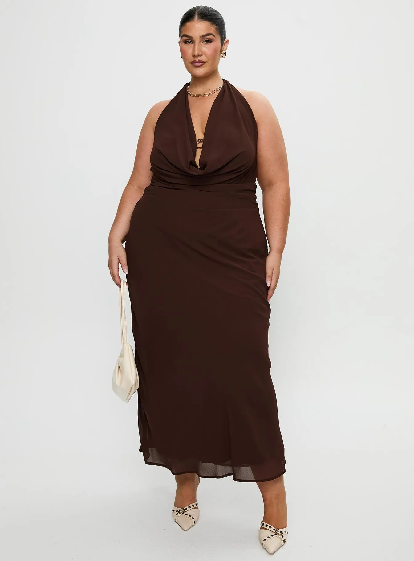 polka-dot Alejandria Cowl Neck Maxi Dress Chocolate Curve