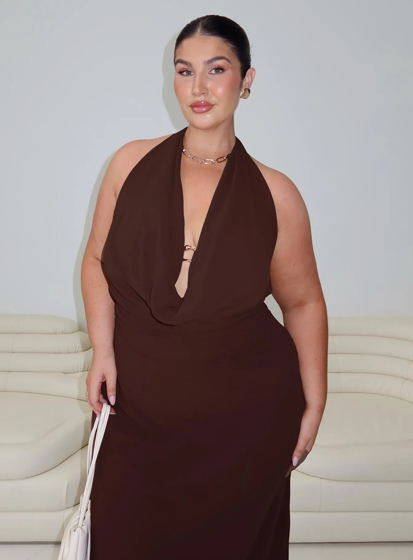 Alejandria Cowl Neck Maxi Dress Chocolate Curve Work Fitwear