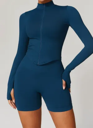 Full Zip Cropped Workout Jacket with Thumb Holes MultiPocket Design