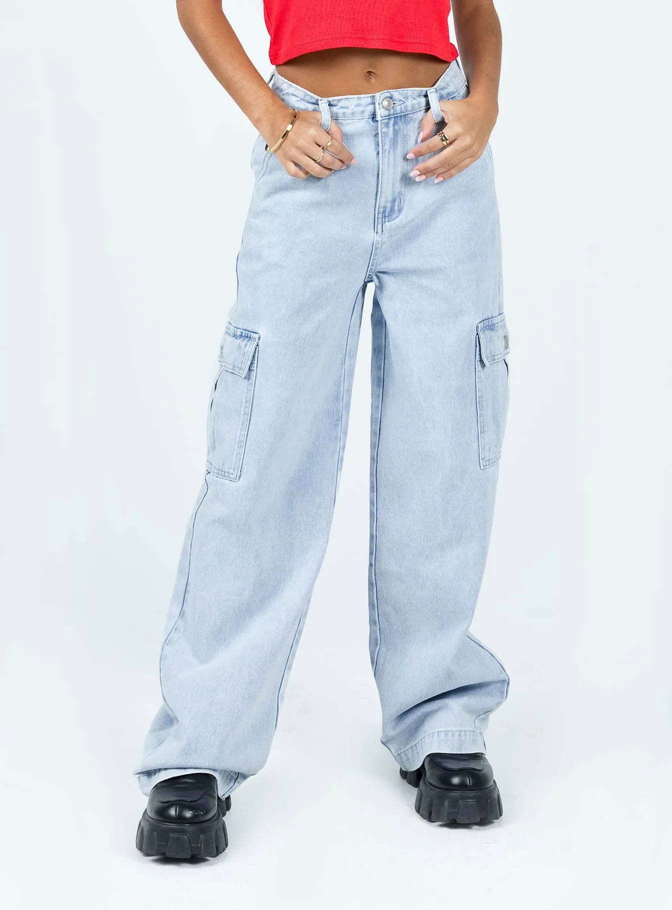 Joyful Mood LayeredNeckline Marylou Cargo Jeans Light Wash Denim