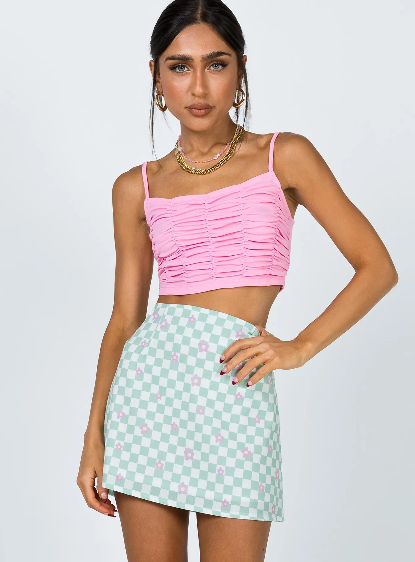 Selby Mini Skirt Green Floral Check Sharp Look
