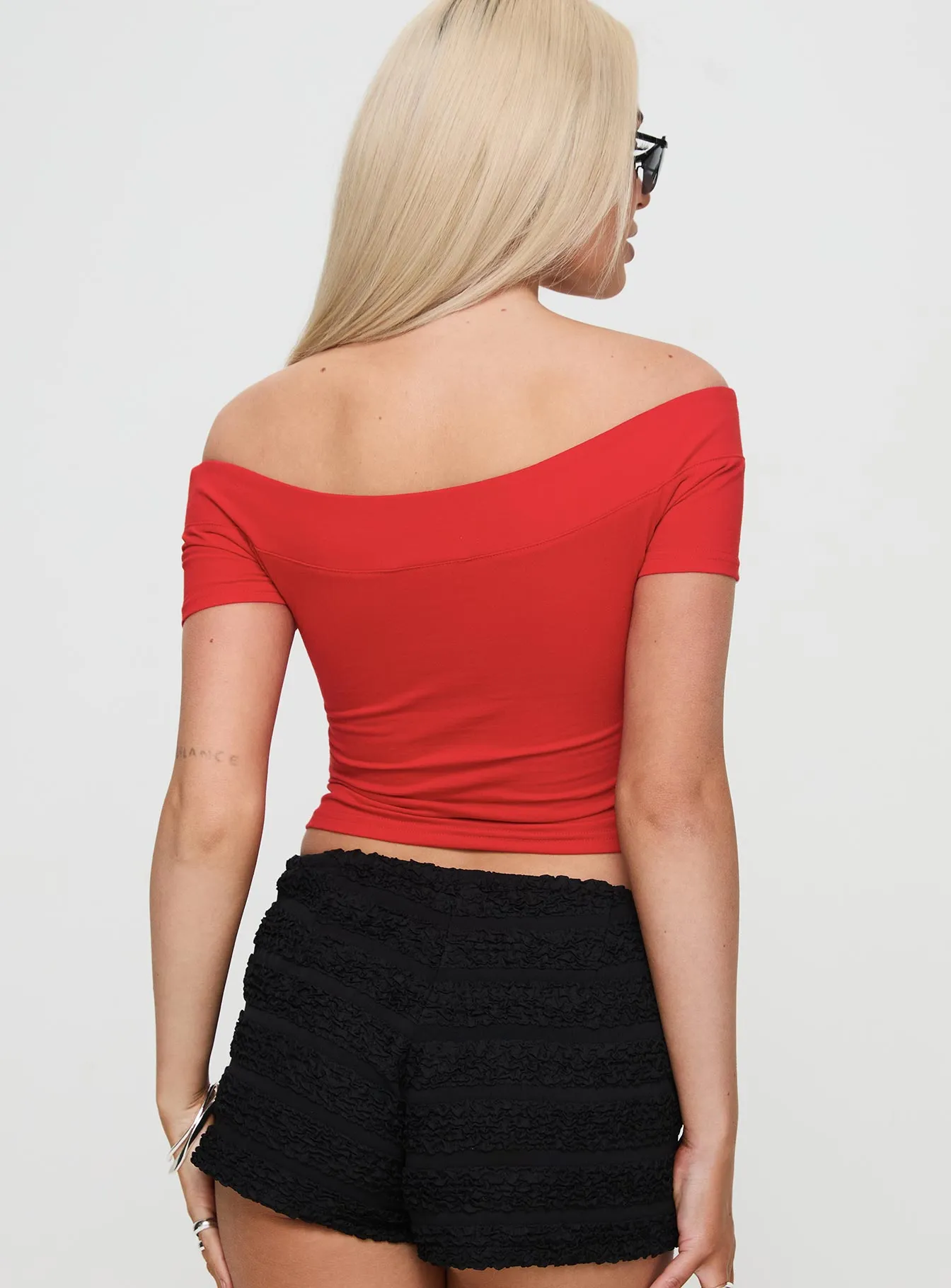 Serendipia Off The Shoulder Graphic Top Red Sporty and Cool