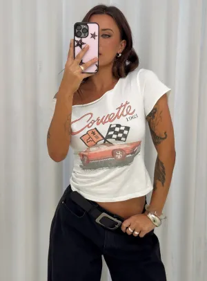 Playful Design Neutral Color Corvette 1963 Off Shoulder Graphic Top White