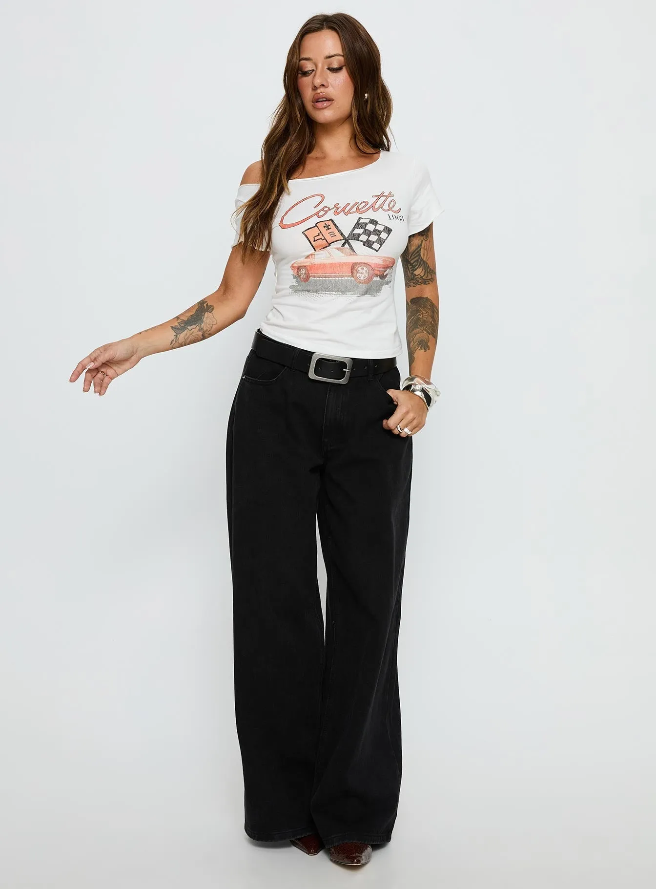 Plus Size Trendy popularity Corvette 1963 Off Shoulder Graphic Top White