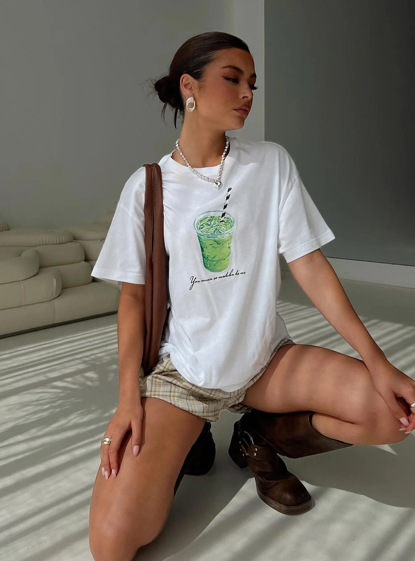 Love You So Matcha Graphic Top White Wrinkle Resistant Material